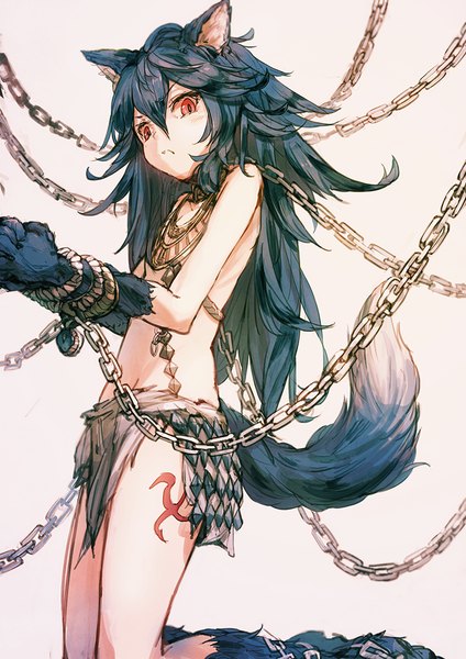 Anime picture 760x1075 with granblue fantasy fenrir (shingeki no bahamut) amoranorem single long hair tall image looking at viewer blush light erotic black hair simple background red eyes standing bare shoulders animal ears bent knee (knees) tail parted lips bare belly bare legs