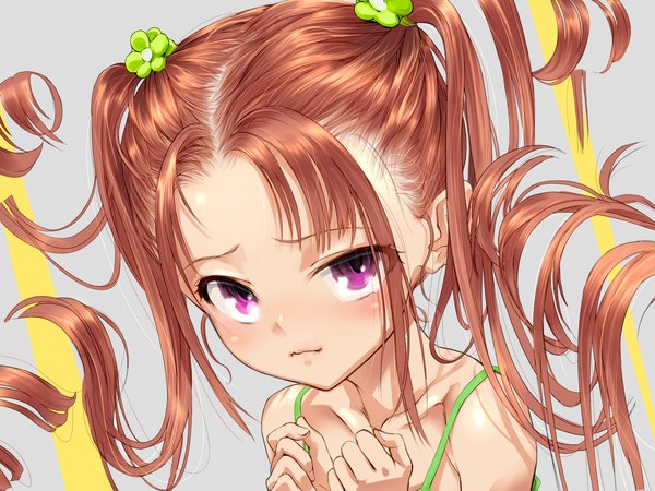 Anime picture 1600x1200 with original dokiyuri single long hair looking at viewer blush brown hair purple eyes twintails wavy hair girl