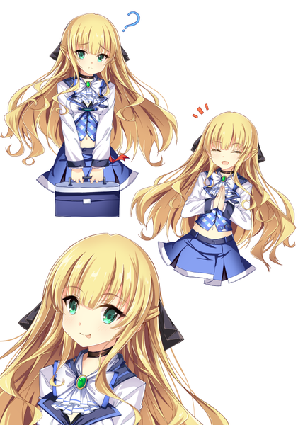 Anime picture 612x872 with original jianren long hair tall image looking at viewer fringe breasts open mouth blonde hair smile white background green eyes upper body eyes closed long sleeves midriff :p multiple persona ? girl