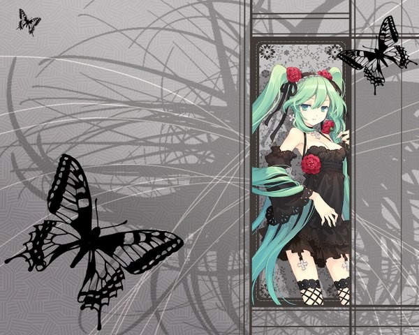 Anime picture 1280x1024 with vocaloid hatsune miku long hair hair flower aqua eyes green hair aqua hair grey background girl thighhighs hair ornament flower (flowers) rose (roses) insect butterfly cross fishnet stockings