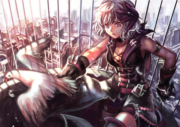 Anime picture 1157x816 with moco (pixiv 1595220) single long hair looking at viewer fringe short hair breasts purple eyes cleavage purple hair city wavy hair cityscape flying girl gloves animal belt bird (birds) cage