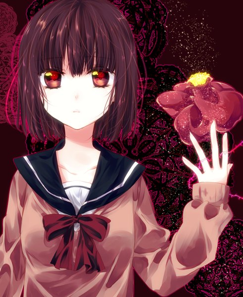 Anime picture 1800x2200 with original riichu single tall image highres short hair black hair red eyes girl flower (flowers) serafuku