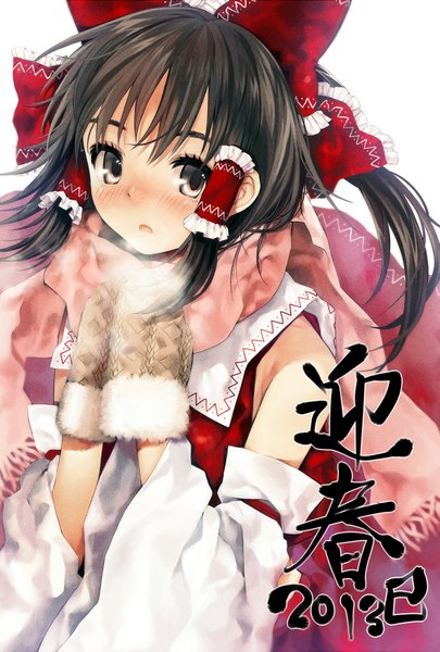 Anime picture 1181x1748 with touhou hakurei reimu yana mori single long hair tall image looking at viewer blush open mouth black hair brown hair white background signed ponytail long sleeves inscription wide sleeves hieroglyph winter happy new year