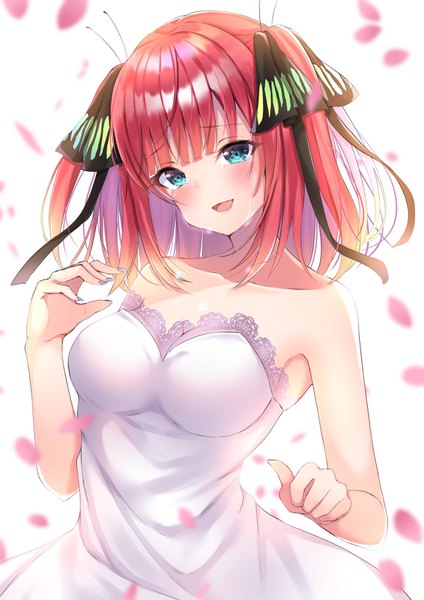 Anime picture 1190x1684 with go-toubun no hanayome nakano nino nakaji (user snap3353) single tall image looking at viewer blush fringe short hair open mouth blue eyes simple background smile standing white background bare shoulders upper body red hair blunt bangs nail polish