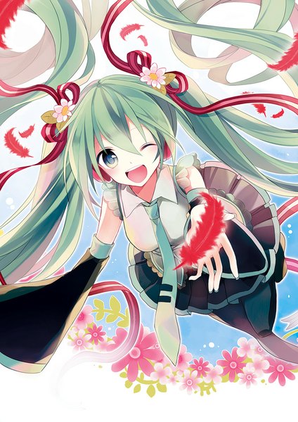 Anime picture 707x1000 with vocaloid hatsune miku t miyanagi single tall image looking at viewer blush open mouth twintails very long hair nail polish one eye closed aqua eyes fingernails wink aqua hair long fingernails girl thighhighs flower (flowers)