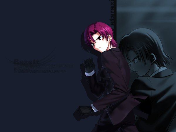 Anime picture 1280x960 with fate (series) fate/stay night fate/hollow ataraxia studio deen type-moon bazett fraga mcremitz short hair pink hair pink eyes inscription dark background fighting stance dual persona girl gloves black gloves tuxedo