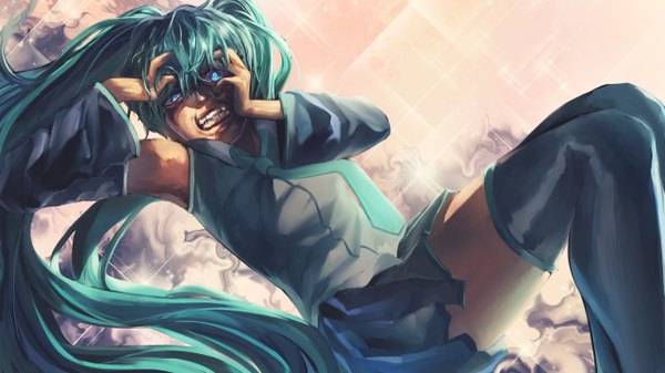 Anime picture 1280x720 with vocaloid hatsune miku senkawa single long hair blue eyes wide image twintails bare shoulders pleated skirt aqua hair grin looking up girl thighhighs skirt detached sleeves
