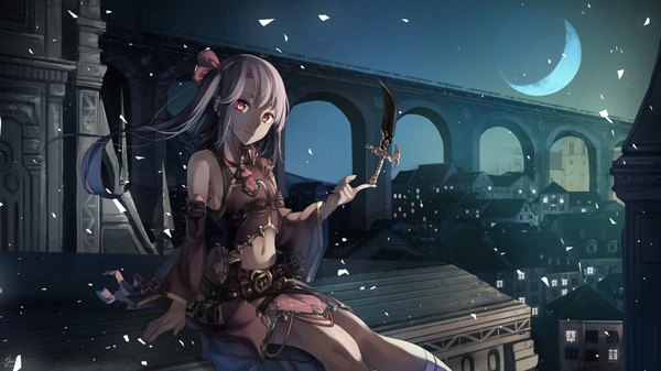 Anime picture 1920x1080 with original saraki single long hair looking at viewer fringe highres red eyes wide image sitting bare shoulders holding signed pink hair outdoors light smile wind night wallpaper shaded face