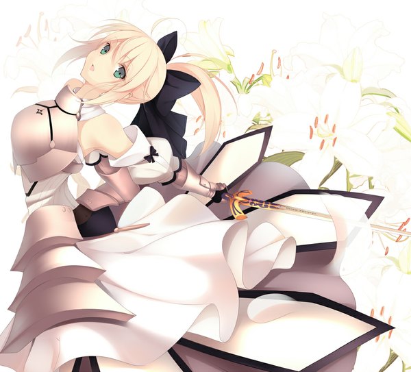 Anime picture 1000x906 with fate (series) fate/stay night fate/unlimited codes studio deen type-moon artoria pendragon (all) saber saber lily kisaichi jin single long hair looking at viewer open mouth blonde hair bare shoulders green eyes ponytail girl flower (flowers) bow