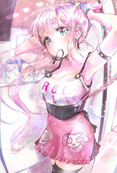 Anime picture 680x1000 with original keepout single long hair tall image looking at viewer blush holding pink hair ponytail aqua eyes mouth hold plaid skirt hair tie in mouth girl thighhighs skirt hair ornament ribbon (ribbons) black thighhighs
