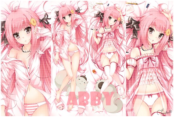 Anime picture 1474x992 with original abby (noodle-y) noodle-y looking at viewer blush fringe light erotic signed pink hair ahoge lying very long hair nail polish open clothes open shirt character names flat chest multiview silver eyes dakimakura (medium)