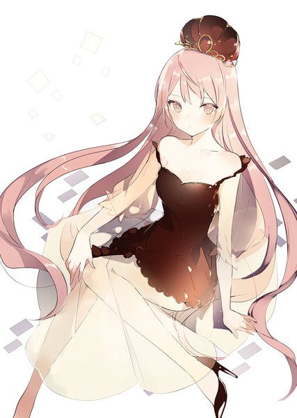 Anime picture 700x984 with original lpip single tall image looking at viewer blush fringe simple background white background sitting bare shoulders payot pink hair bent knee (knees) very long hair pink eyes from above arm support high heels embarrassed