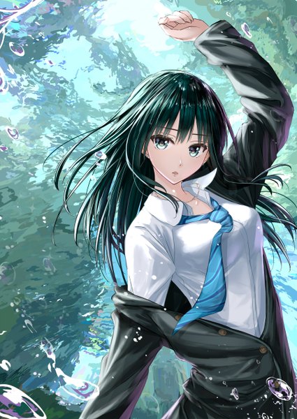 Anime picture 902x1274 with idolmaster idolmaster cinderella girls shibuya rin mikipuruun no naegi single long hair tall image looking at viewer open mouth blue eyes black hair girl uniform school uniform shirt necktie bubble (bubbles)