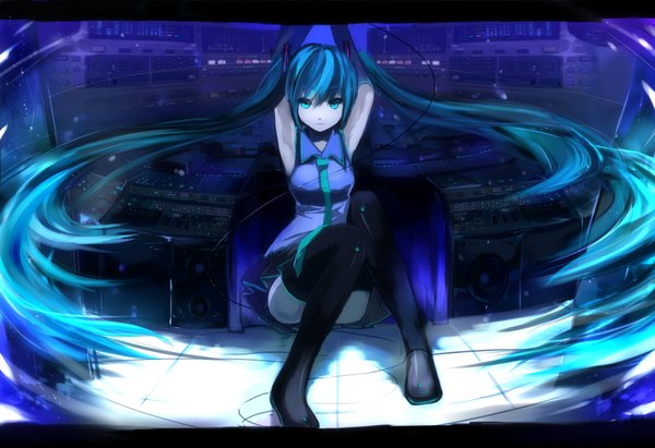 Anime picture 2060x1412 with vocaloid hatsune miku ume (plumblossom) single highres twintails very long hair aqua eyes aqua hair armpit (armpits) letterboxed girl detached sleeves necktie thigh boots wire (wires) speakers