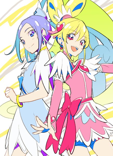 Anime picture 674x928 with precure dokidoki! precure toei animation aida mana hishikawa rikka cure heart cure diamond kurochiroko long hair tall image looking at viewer open mouth blue eyes blonde hair smile multiple girls blue hair ponytail pink eyes magical girl