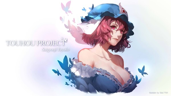 Anime picture 2080x1170 with touhou saigyouji yuyuko sola7764 single looking at viewer highres short hair breasts light erotic wide image white background bare shoulders pink hair cleavage pink eyes girl dress insect butterfly bonnet