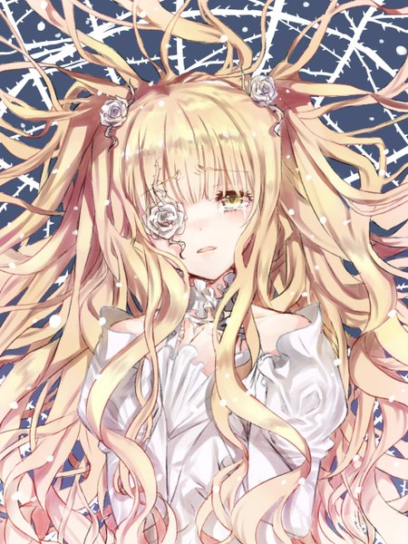 Anime picture 960x1280 with rozen maiden kirakishou ki-na single long hair tall image blush blonde hair twintails yellow eyes crying flower over eye girl dress flower (flowers) choker rose (roses) eyepatch thorns