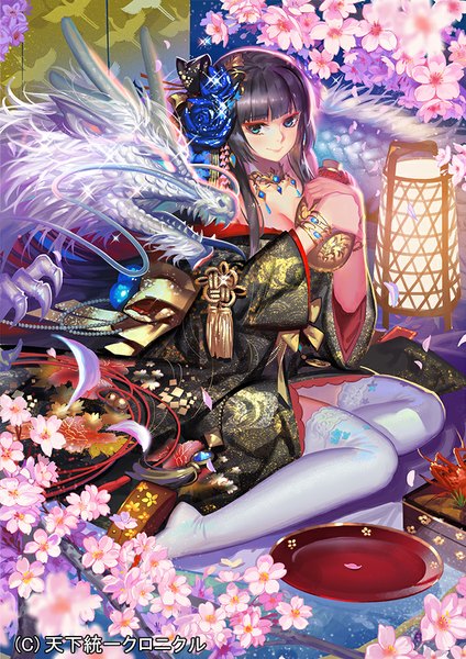 Anime picture 707x1000 with original alphonse (white datura) single long hair tall image looking at viewer blush blue eyes black hair smile sitting traditional clothes japanese clothes no shoes watermark wariza fantasy girl hair ornament flower (flowers)