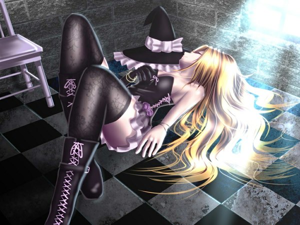 Anime picture 1000x750 with touhou kirisame marisa yusuke (shiota) single long hair light erotic blonde hair bare shoulders cleavage lying eyes closed sunlight on back floral print lacing checkered floor hat removed headwear removed brick wall girl