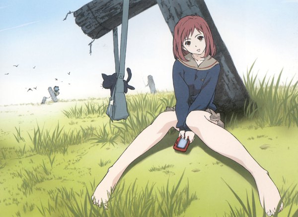 Anime picture 1642x1200 with flcl gainax samejima mamimi canti takkun single looking at viewer fringe short hair brown hair brown eyes full body outdoors long sleeves head tilt scan official art bare legs no shoes expressionless