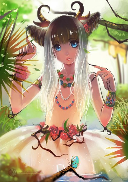 Anime picture 1075x1520 with original fiodo single long hair tall image looking at viewer fringe blue eyes standing multicolored hair horn (horns) fingernails lips long fingernails sheep girl girl flower (flowers) plant (plants) tree (trees) bracelet