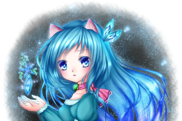 Anime picture 1800x1195 with original shitou single long hair looking at viewer highres blue eyes animal ears blue hair cat ears cat girl girl dress crystal