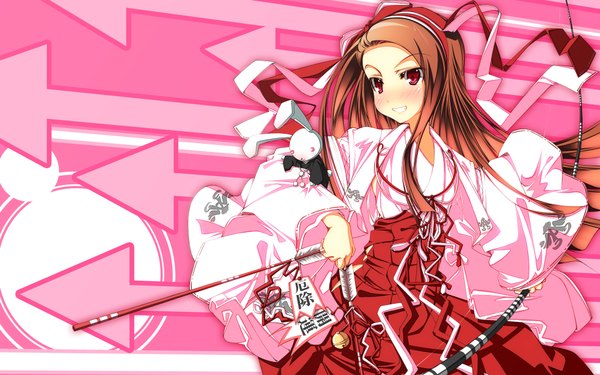 Anime picture 1920x1200 with idolmaster minase iori chu (artist) single long hair blush highres smile red eyes brown hair wide image japanese clothes grin miko girl ribbon (ribbons) hairband bow (weapon) arrow (arrows)