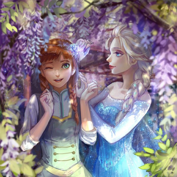 Anime picture 900x900 with frozen (disney) disney elsa (frozen) anna (frozen) achyue long hair looking at viewer fringe open mouth blue eyes smile brown hair standing bare shoulders multiple girls looking away white hair braid (braids) eyes closed hair flower