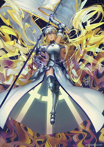 Anime picture 706x1000 with fate (series) fate/apocrypha jeanne d'arc (fate) (all) jeanne d'arc (fate) anikakinka single tall image open mouth blue eyes blonde hair signed full body very long hair arm up floating hair looking up 2017 girl armor armored dress