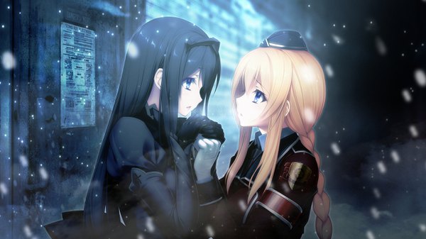 Anime picture 2560x1440 with tokyo necro nitroplus aso kiriri sori ayuka oosaki shinya long hair fringe highres open mouth blue eyes black hair blonde hair wide image multiple girls payot game cg braid (braids) profile official art holding hands