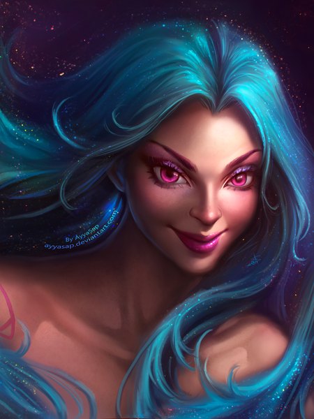 Anime picture 1536x2048 with league of legends jinx (league of legends) ayyasap single long hair tall image smile bare shoulders blue hair pink eyes lips lipstick pink lipstick girl