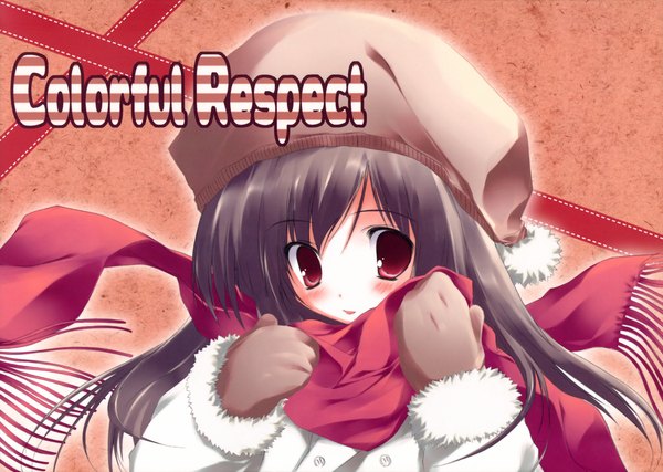 Anime picture 3023x2152 with original tsukinon single long hair blush highres smile red eyes brown hair absurdres long sleeves scan girl gloves hat scarf buttons coat winter clothes