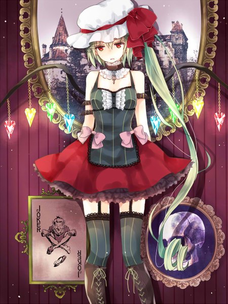 Anime picture 1000x1333 with touhou flandre scarlet mimoto (aszxdfcv) single tall image short hair blue eyes blonde hair red eyes very long hair alternate costume looking down asymmetrical hair girl thighhighs black thighhighs wings choker knee boots bonnet
