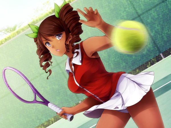 Anime picture 2400x1800 with hunie pop lola rembrite ninamo single long hair highres light erotic brown hair parted lips pink eyes sunlight sleeveless drill hair girl uniform bow hair bow gym uniform ball fence
