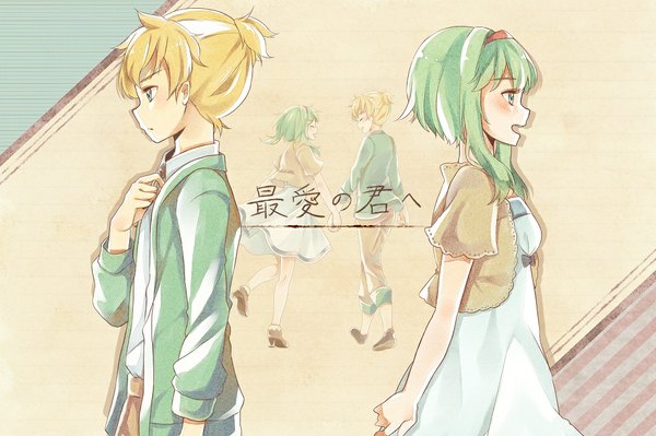 Anime picture 1000x666 with vocaloid kagamine len gumi nou blush short hair open mouth blue eyes blonde hair green eyes eyes closed profile green hair holding hands girl boy hairband sundress