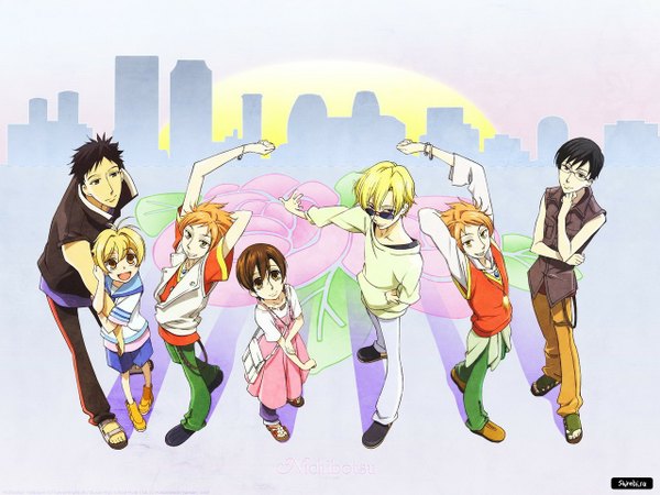 Anime picture 1280x960 with ouran high school host club studio bones fujioka haruhi suou tamaki hitachiin kaoru hitachiin hikaru ootori kyouya haninozuka mitsukuni morinozuka takashi short hair black hair blonde hair brown hair brown eyes orange hair group twins girl dress boy