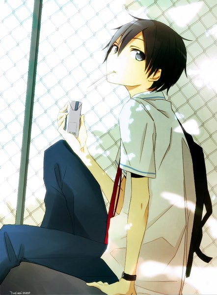 Anime picture 700x950 with sword art online a-1 pictures kirigaya kazuto tsukimori usako single tall image looking at viewer short hair black hair sitting holding signed bent knee (knees) black eyes mouth hold boy uniform school uniform clock backpack