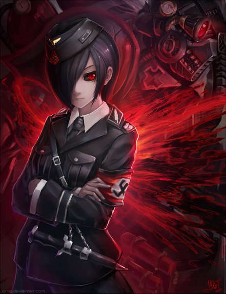 Anime picture 1100x1423 with tokyo ghoul studio pierrot kirishima touka jurrig single tall image fringe short hair black hair red eyes hair over one eye black sclera nazi girl uniform weapon wings military uniform dagger field cap