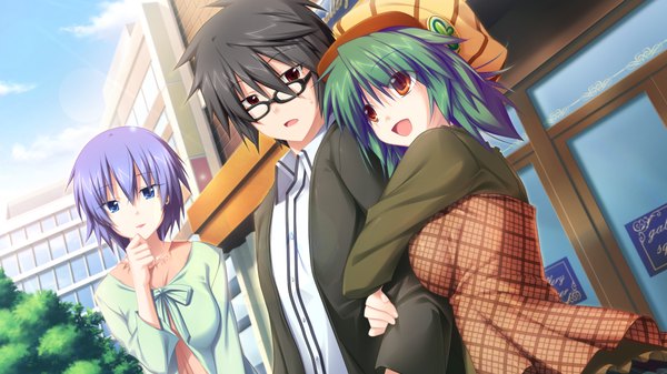 Anime picture 1024x576 with soukoku no arterial short hair open mouth blue eyes black hair red eyes wide image multiple girls game cg purple hair green hair girl boy 2 girls hat glasses