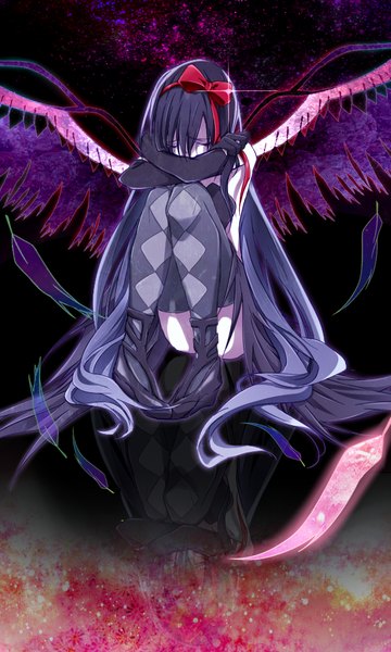 Anime picture 600x1000 with mahou shoujo madoka magica shaft (studio) akemi homura lailu single long hair tall image fringe sitting purple hair eyes closed hug purple background girl thighhighs gloves hair ornament bow wings elbow gloves