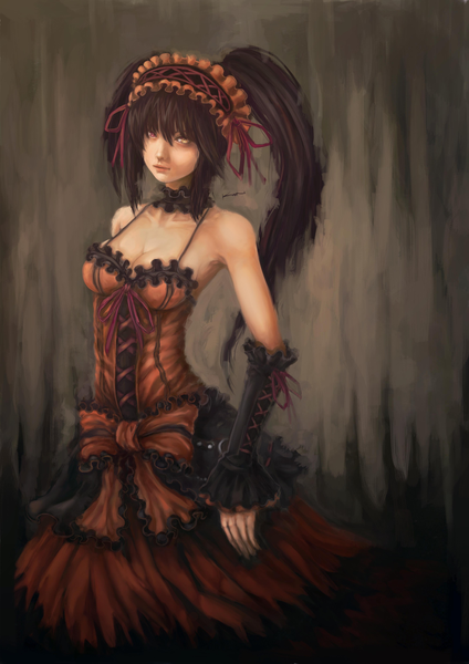 Anime picture 3508x4961 with date a live tokisaki kurumi tagme (artist) single long hair tall image looking at viewer highres black hair twintails bare shoulders absurdres cleavage light smile heterochromia lolita fashion goth-loli uneven twintails girl hair ornament