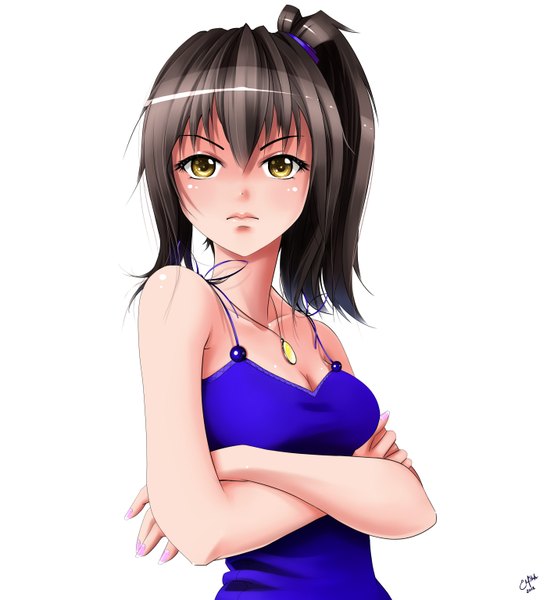 Anime picture 2800x3072 with original amai (artist) single tall image looking at viewer highres short hair simple background brown hair white background bare shoulders signed yellow eyes ponytail lips inscription sleeveless side ponytail crossed arms body blush