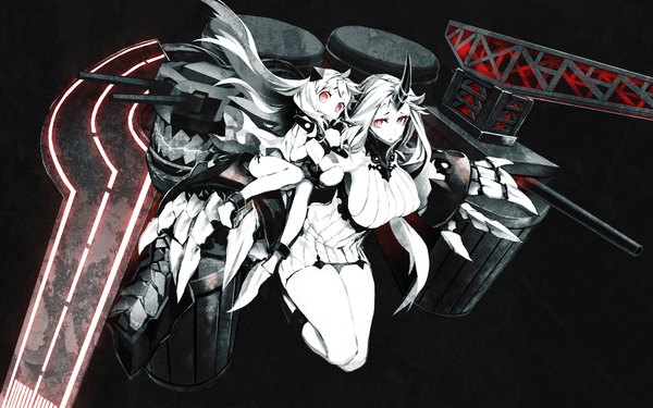 Anime picture 1962x1227 with kantai collection northern ocean hime seaport hime miwa shirow long hair looking at viewer fringe highres breasts simple background red eyes large breasts multiple girls holding nipples ahoge bent knee (knees) white hair very long hair barefoot