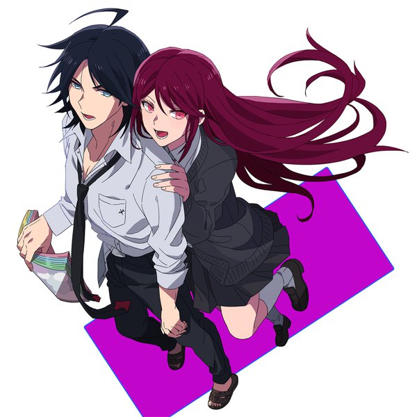 Anime picture 980x980 with dangan ronpa dangan ronpa/zero otonashi ryouko yasuke matsuda okuragon long hair short hair open mouth blue eyes black hair simple background smile red eyes standing white background looking away ahoge red hair fingernails from above