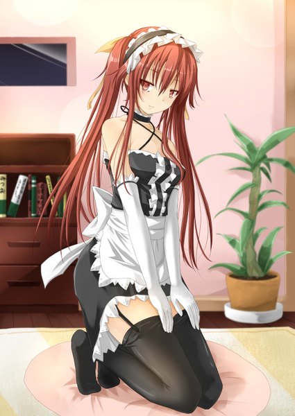 Anime picture 2149x3035 with original inudzuka ringo single long hair tall image looking at viewer blush highres smile brown hair sitting twintails bare shoulders brown eyes maid no shoes kneeling seductive smile girl thighhighs
