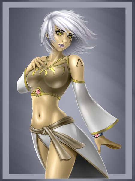 Anime picture 2250x3000 with original ronin dude (ray cornwell) single tall image highres short hair simple background yellow eyes silver hair tattoo girl navel detached sleeves
