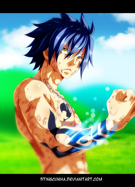 Anime picture 1691x2326 with fairy tail gray fullbuster stingcunha single tall image short hair yellow eyes blue hair sky cloud (clouds) tattoo coloring magic letterboxed muscle boy blood fist
