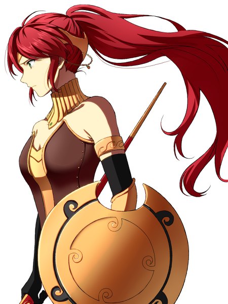 Anime picture 900x1200 with rwby rooster teeth pyrrha nikos kurohane single long hair tall image simple background white background bare shoulders green eyes payot upper body ponytail red hair profile girl hair ornament weapon choker