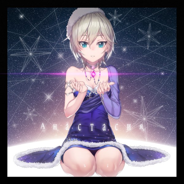 Anime picture 2229x2229 with idolmaster idolmaster cinderella girls anastasia (idolmaster) madyy single looking at viewer blush highres short hair blue eyes white hair character names russian girl dress pendant star (stars) cap