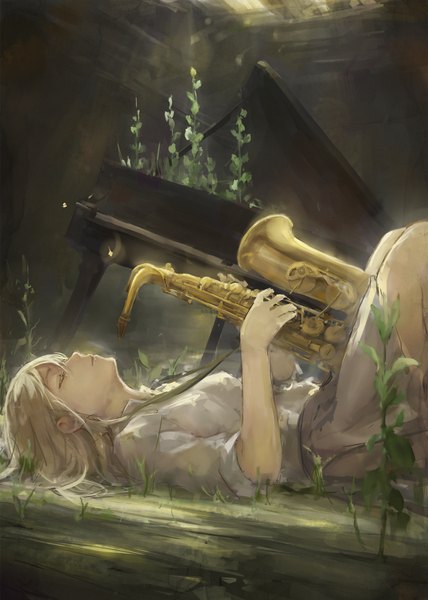 Anime picture 1488x2088 with original toritoritottori single long hair tall image blonde hair lying eyes closed on back girl skirt plant (plants) shirt musical instrument piano grand piano saxophone